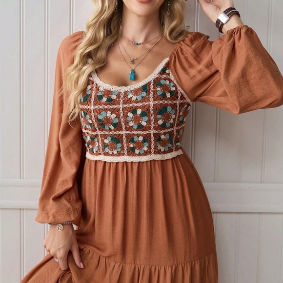 Boho Floral Crochet Long Sleeve High Waisted Dress - Picture 4 of 6